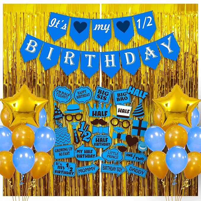 Party Propz Half Birthday Decorations For Baby Boy Combo- 51Pcs Set For 6 Months Birthday Decorations For Boy & Girls - Half Bday Banner (cardstock), Balloons, Foil Balloon, Photo Booth, Foil Curtains