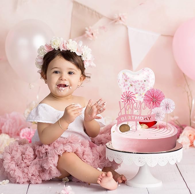 Party Propz Happy Birthday Pink Cake Topper, Cupcake Topper with Pink Paper Fans,Confetti Balloon, Birthday Cake Decorations 6Pcs for Baby Girls-(Pink Color), Wife Girl Friend Birthday Cake Decoration