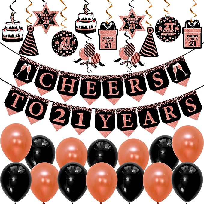 Party Propz 21st Birthday Decorations Set - 38Pcs Rose Gold Combo Kit with 21 Happy Birthday Paper Banner, Swirls, Metallic Balloons for Girls 21 Balloons for Birthday Decor Ideas