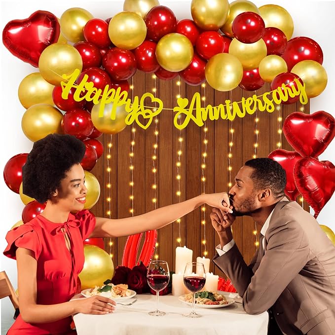 Party Propz Rubber Romantic Anniversary Decoration Items Kit - 62Pcs Wedding Anniversary Decoration Items|Golden Happy Anniversary Banner|Happy Anniversary Decoration|Happy Anniversary Balloons