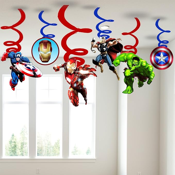 Party Propz Superhero Theme Birthday Decoration For Boys Swirls Hanging- 6pcs Superhero Theme Supplies / Birthday Decorations Kit For Boys