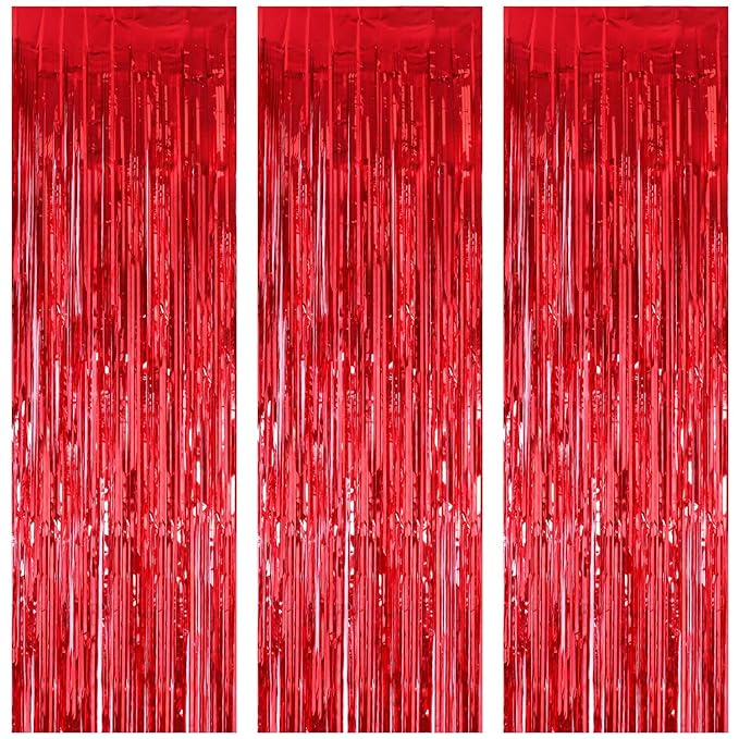 Party Propz 3 ft X 6 ft 10 inches Red Metallic Tinsel Foil Fringe Curtains for Birthday Wedding Engagement Bridal Shower Baby Shower Bachelorette Holiday Celebration Party Decorations (Set of 3)