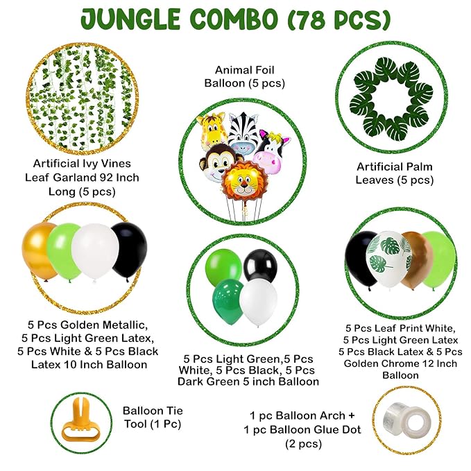 Party Propz Jungle Theme Birthday Decoration - 78 Pcs, Animal Theme Birthday Decorations | Animal Balloons | Jungle Safari Theme Birthday Decorations for Kids | Birthday Decoration Items for Boys