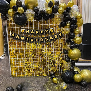 Party Propz Happy Anniversary Decoration Kit For Home -47 Items Golden Combo Set Bunting, Curtains, Metallic Balloons with Confetti anniversary decoration items For Bedroom