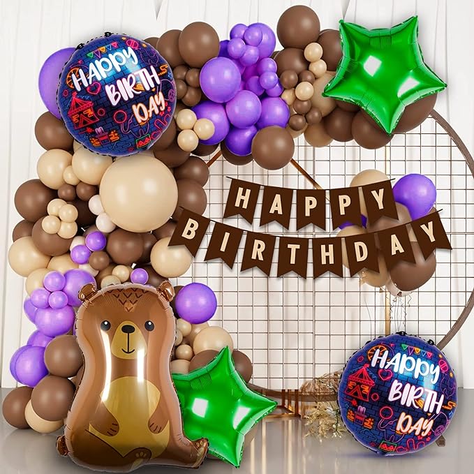 Party Propz Jungle Theme Birthday Decoration - 47 Pcs Purple balloons for Decoration | Jungle Safari Theme Birthday Decoration | 40 inch Brown Bear Foil Balloon | Birthday Decoration items for Boy