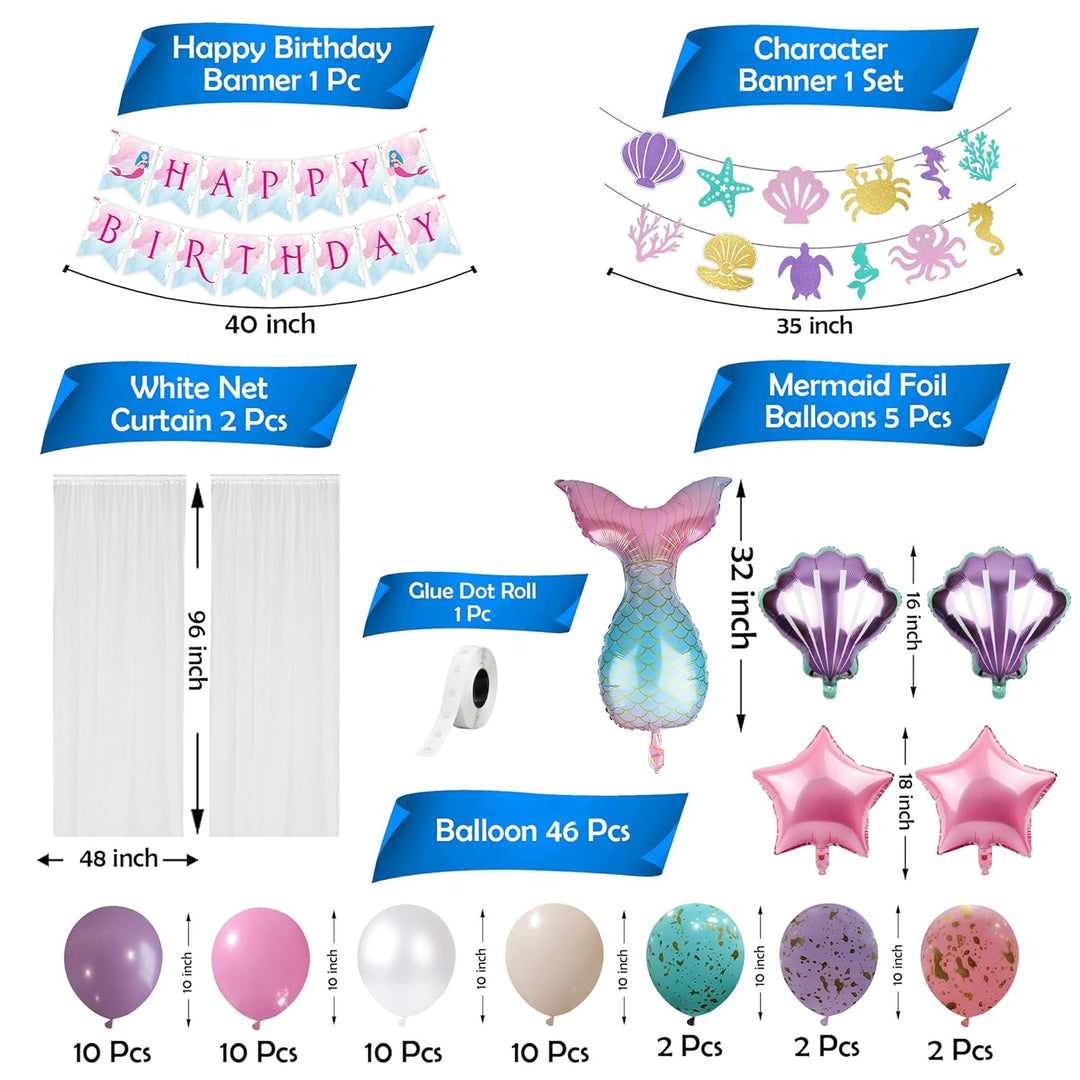 Party Propz Mermaid Theme Birthday Decorations - Large 68Pcs, Birthday Decoration Items For Girl | Mermaid Tail Foil Balloon | Happy Birthday Decoration Kit | Mermaid Balloons for Birthday Decoration