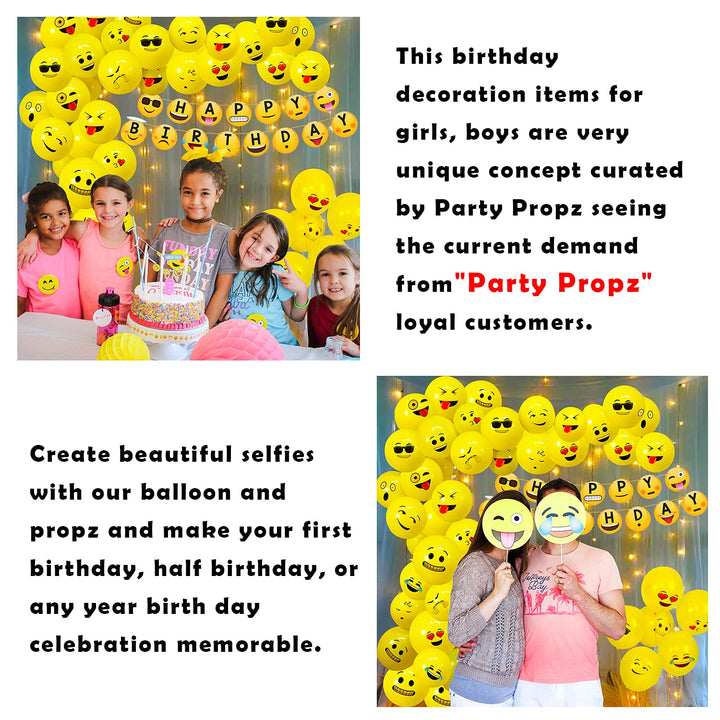 Party Propz Emoji Theme Birthday Decoration - 52Pcs, Happy Birthday Decoration Items For Girl Boys | Emoji Balloons Set | Happy Birthday Banner(Cardstock) With Led Lights | Smiley Theme Birthday Kit