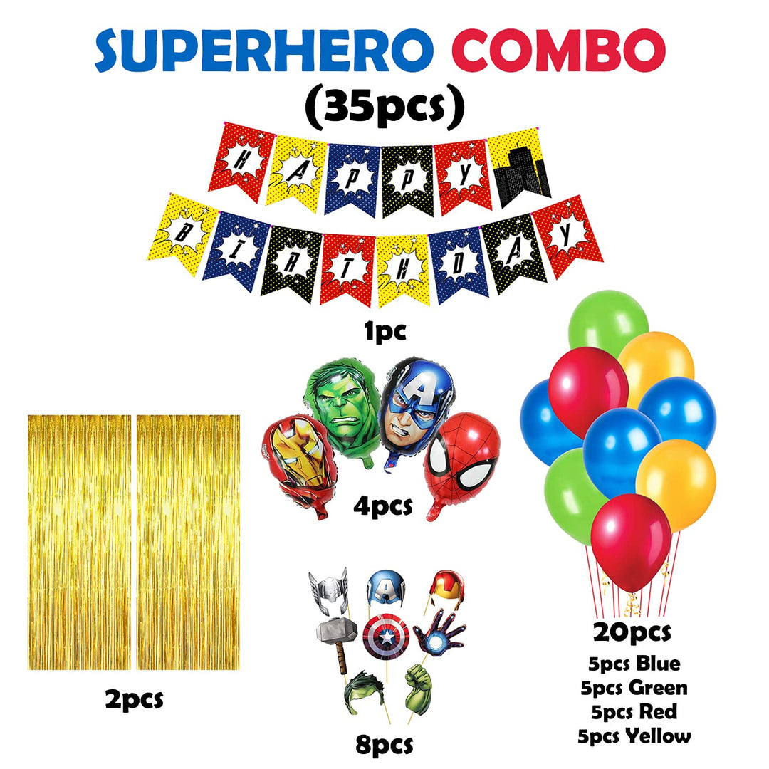 Party Propz Super Hero Theme Birthday Decoration combo Kit - 35pcs Including Super Hero Theme Happy Bithday Banner, Foil curtain, Super Hero Foil Balloons, Super Hero Theme Photobooth & 20pcs Balloons