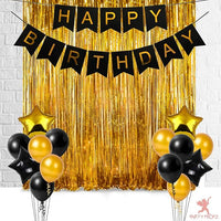 Party Propz Birth Day Decorations Set- 17Pcs Happy Birthday Golden Fringe Foil Curtain, Banner (cardstock) Star Foil Baloon, and Metallic Rubber Balloons Decoration Items Combo