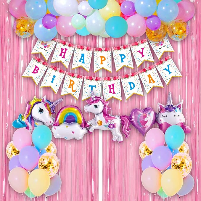 Party Propz Unicorn Theme Birthday Decorations Kit-Cute 49 Pcs|Unicorn Foil Balloons For Happy Birthday|Unicorn Birthday Decorations For Girls|Birthday Decoration For Kids,Multicolor