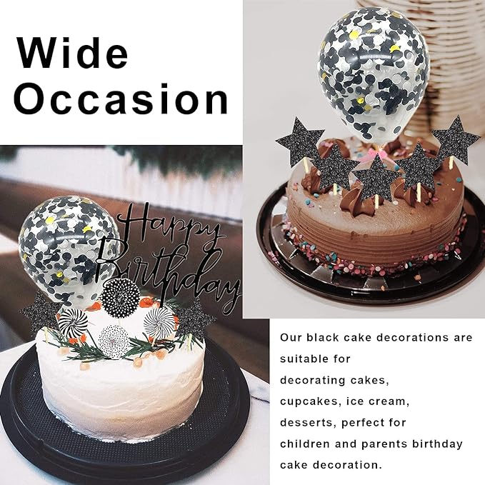 Party Propz Happy Birthday Cake Topper-11Pcs|Black Cake Toppers For Cake Decoration|Cake Decoration Items For Girl|Boy|Confetti Balloon|Glitter Star|Fan Toppers|Birthday Decoration Kidsfor Adults
