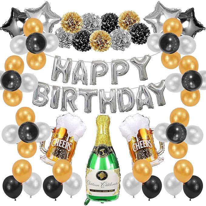 Party Propz Happy Birthday Decoration Kit 47 Pcs Set for Husband Boys Balloons Decorations Items Combo with Cheers Foil Balloon, Metallic Balloon, Star Foil