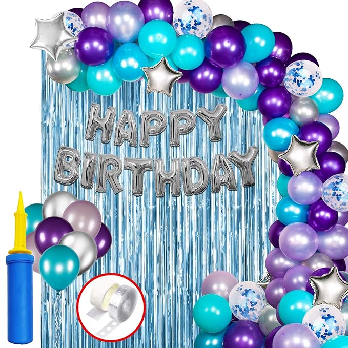 Party Propz Mermaid Balloons for Birthday Decoration - 95Pcs Princess Theme Birthday Decoration | Birthday Decoration Items for Girl | Blue, Silver Balloons for Decoration | Birthday Decoration Items