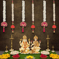 Party Propz Lotus Hangings For Decoration - 6 Pcs Handmade Wall Decor | With White Artificial Flowers | Floral Wall Hangings For Temple Decor | Latkan For Home Decoration | Pooja Room Decoration Items