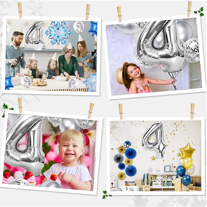 Party Propz Large 4 Number Foil Balloon - 16 Inch Silver Foil balloons for 4th birthday decorations | Anniversary Decoration | Balloon Decoration | Fourth Birthday Balloons, Anniversary Balloon