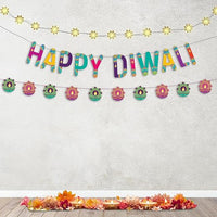 Party Propz Happy Diwali Decoration Items - 3Pcs, Shubh Dipawali Combo | Diwali Flower Lights For Decoration For Home | Diwali Decoration Items For Home | Happy Diwali Banner | Diya Banner (Cardstock)