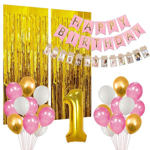 Party Propz 1St Birthday Decoration For Girls- Set Of 35 Pcs 12 Months Photo Banner For Birthday(Cardstock)|Pink Balloons For Birthday Decoration|1 Number Foil Balloon|Happy Birthday Banner