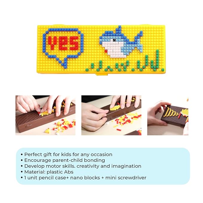 Party Propz Cute Pencil Box for Kids - Yellow Play Pencil Box for Kids | Building Blocks Pencil Box | Pencil Box for Girls for School | DIY Pencil Cases for Kids | School Stationery Box for Boys