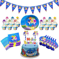 Party Propz Baby Shark Theme Happy Birthday Decoration - Combo Of 73Pcs for Party Decoration Supplies | Shark Bday Tableware Sets(Multicolor) | Baby Shark Theme Birthday Decorations | Cake Toppers