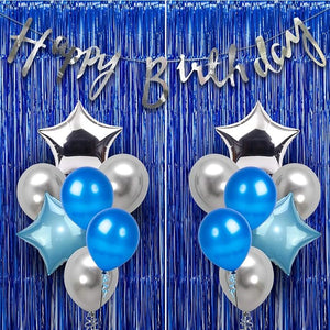 Party Propz Happy Birthday Decorations for Boys - Silver Foil Banner (cardstock), Blue Foil Curtain,Star Foil Balloons, Metallic Balloons, Decoration Items for Birthday 17Pcs