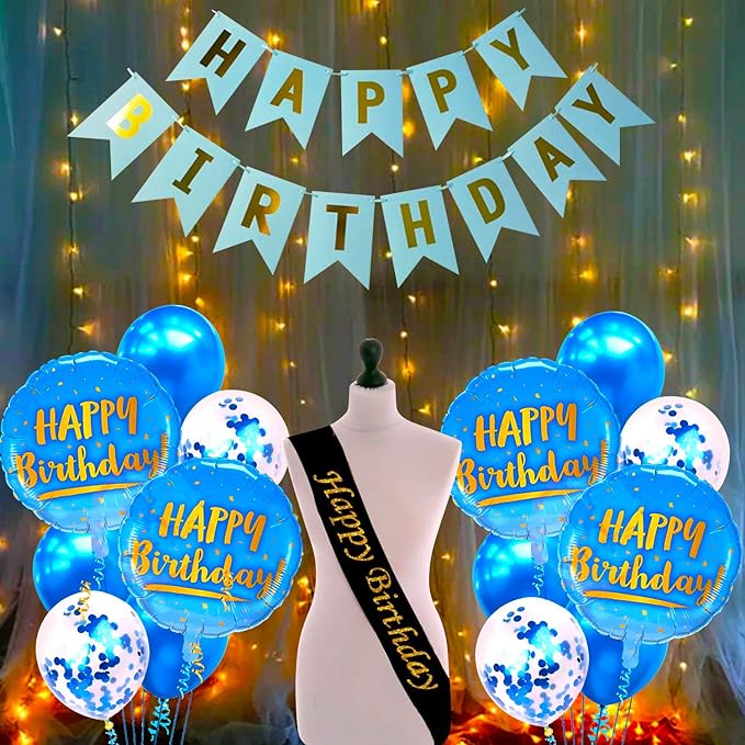 Party Propz Blue Happy Birthday Decoration Kit Combo With Fairy Led Lights 17pcs Set Banner (cardstock), Balloon, Metallic, Foil, Sash For Boys, Girls, Kids, Wife, Girl Friend, Woman, Party Supplies