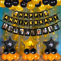 Party Propz Happy Anniversary Decoration Items With Led Fairy Light - 47Pcs Combo with Anniversary Banner (cardstock), Metallic & Foil Balloons, Golden Foil Curtains - Marriage Decorations Set