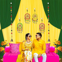 Haldi Decoration Items for Marriage – 17 Pcs Mehndi & Sangeet Décor Set with Curtains, Pom Poms & Hooks