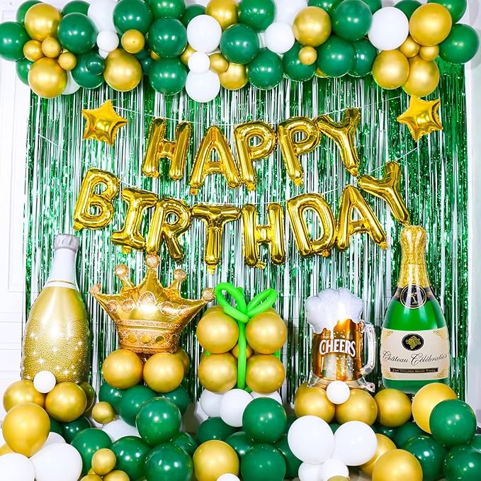 Party Propz Happy Birthday Decoration Green/Golden - 51Pcs Set for Boys Husband Balloons Decorations Items Combo with Cheers Mug Foil Balloon Crown Foil, Champagne, Metallic Balloons With Foil Curtain
