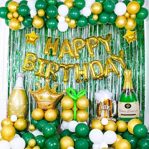 Party Propz Happy Birthday Decoration Green/Golden - 51Pcs Set for Boys Husband Balloons Decorations Items Combo with Cheers Mug Foil Balloon Crown Foil, Champagne, Metallic Balloons With Foil Curtain