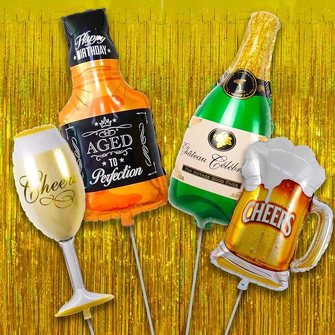 Party Propz Cheers Champagne Foil Balloons- 5pcs With Foil Curtain For Birthday Anniversary Decoration | Champagne Balloons For Decoration | Cheers Foil Balloons For Birthday Decoration | Beer Theme