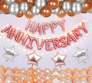 Party Propz Happy Anniversary Decoration Items For Home - 31 Items Rose Gold Combo Set - Balloons, Foil Balloons, Lights - For Wedding Anniversary Decoration Items For Bedroom - Husband Wife