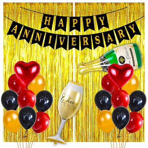 Party Propz Happy Anniversary Decoration Items Combo Golden Foil Curtain, 50pcs Black Golden Red Metallic Balloon, 2pcs Red Heart Foil Balloon, 1pc Cheers Foil Balloon, 1pc Champagne Foil Balloon