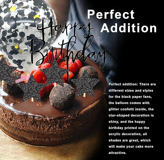 Party Propz Happy Birthday Cake Topper-11Pcs|Black Cake Toppers For Cake Decoration|Cake Decoration Items For Girl|Boy|Confetti Balloon|Glitter Star|Fan Toppers|Birthday Decoration Kidsfor Adults