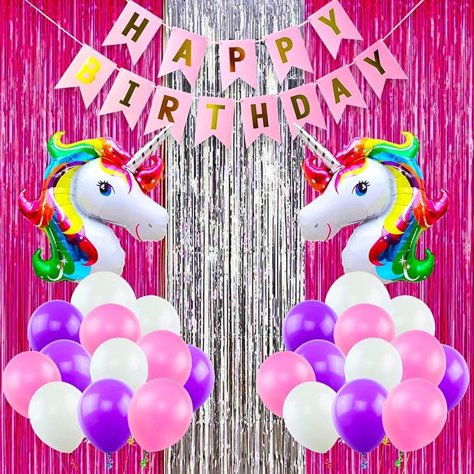 Party Propz Unicorn Theme Birthday Decorations Items Combo Set - 36Pcs Kit Banner (cardstock), Unicorn Foil Balloons, Foil Curtains, Metallic Balloons For Bday Decoration For Girls, Boys, Kids, Baby