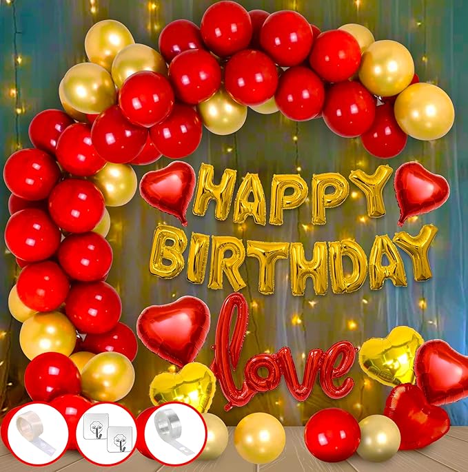 Party Propz Happy Birthday Decoration Kit - 66 Pcs, Love Birthday Decoration Items | Foil Balloons, Golden Red Balloons | Happy Birthday Lights | Net Curtains And Happy Birthday Banner (cardstock)