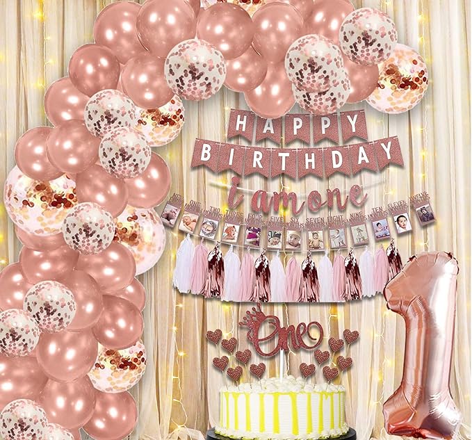 Party Propz 1st Birthday Decoration for Girls - 57 Pcs with Rose Gold Happy Birthday Banner (cardstock), Rose Gold Foil Balloons, Tassles for First Birthday Decorations Girl or girls 1st birthday