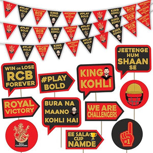 Party Propz Ipl Theme Decoration For RCB - 59 Pcs Royal Challengers Bangalore Theme Pennant Banner And Ipl Photo Booth Props | RCB Flag 2024 IPL | Bunting For Decoration | Paper Flags Decoration