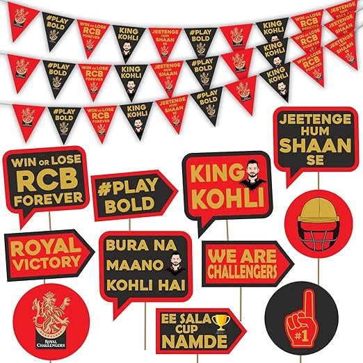 Party Propz Ipl Theme Decoration For RCB - 59 Pcs Royal Challengers Bangalore Theme Pennant Banner And Ipl Photo Booth Props | RCB Flag 2024 IPL | Bunting For Decoration | Paper Flags Decoration