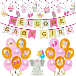 Party Propz Banner, Swirls, Cardstock Welcome Home Baby Decoration Kit 65Pcs Balloon, Cardstock, Swirls, Paper Banner with Foil Curtain Welcome Birthday Supplies