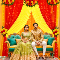 Haldi Decoration Setup with Fairy Lights – 8 Pcs Satin Net Backdrop for Wedding