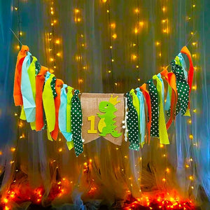 Party Propz Dinosaur Theme Decoration 1st Birthday for Baby Boy Little Dino Set 2Pcs Burlap Banner with Fairy Light Combo for Kids / Boys Birthday