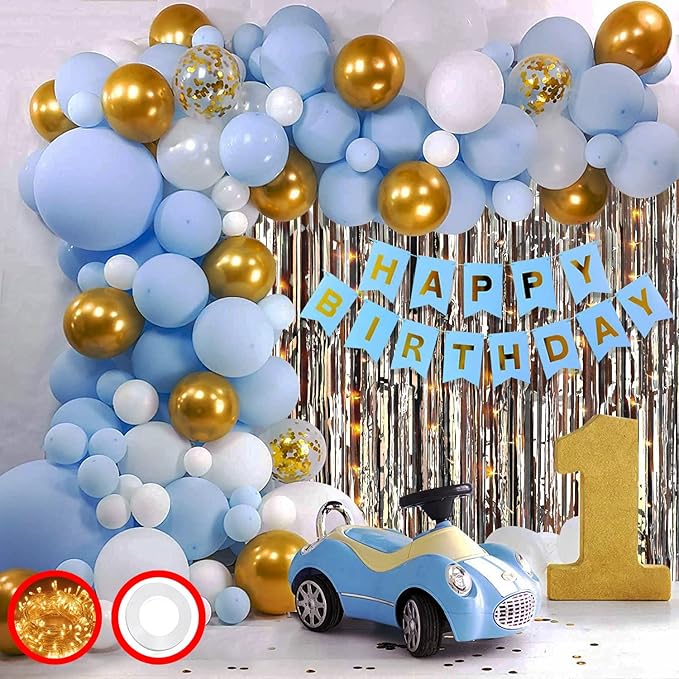 Party Propz Birthday Decoration Items for Boy - Huge 65 Pcs Kids Birthday Decorations Kit | Blue Happy Birthday Banner (Cardstock) | Blue Birthday Decorations | Gold, Blue Metallic Balloons