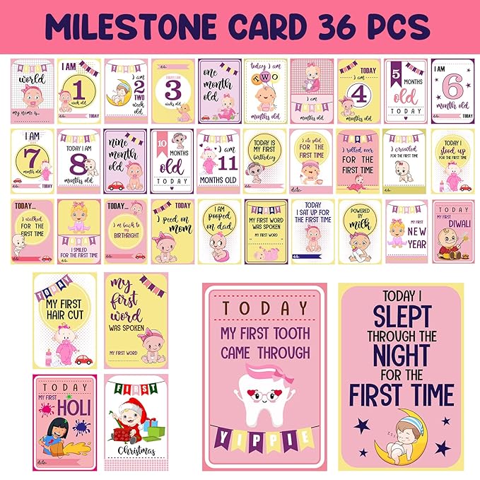 Party Propz Baby Milestone Cards for New Born 36Pcs Multicolor Baby Monthly Milestone Cards Or Milestone Stickers 1-12 Month Milestone Card Newborn Girl Child Baby Card Monthly Photoshoot Accessories