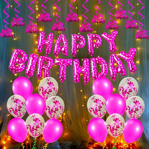 Party Propz Pink Happy Birthday Decoration Letters Foil Latex Balloons Swirls Pack With Fairy Light Princess,1st,2nd Years Decorations Ballons Alphabet Banner (cardstock)