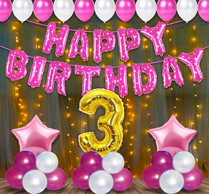 Party Propz 3rd Birthday Decoration Items For Baby,Girls With Fairy Lights - 57Pcs Pink Third Birthday Decoration - For 3 Year material FOIL, LATEX, RUBBER