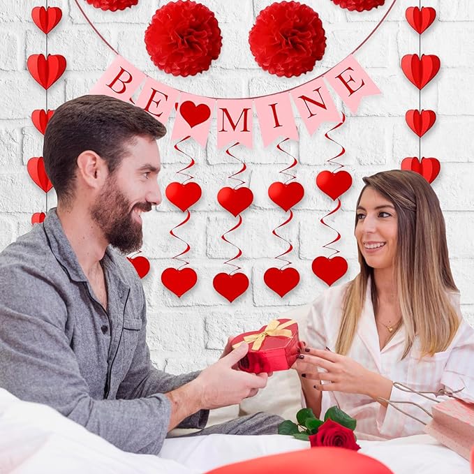Party Propz Birthday Decoration Items - 13pcs Heart Hanging Decoration Items | Pom Pom & Be Mine Paper Banner | Anniversary Decoration Items Kit | Heart Garland Decoration | Birthday Decoration Kit