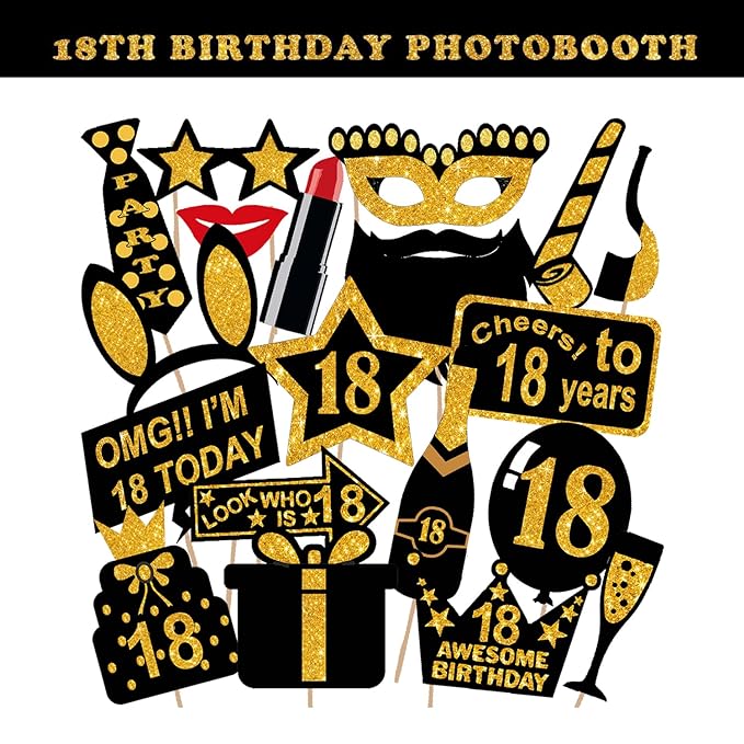 Party Propz 18th Birthday Photo Booth for Birthday Decoration - 20pcs Set with Glass Lipstick, Crown, Cigar - 18th Birthday Decorations/photobooth Props Birthday 18