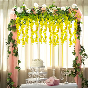 Yellow Wisteria Artificial Flowers - 14 Pcs Set | Flower Vines & Money Plant for Home Decoration