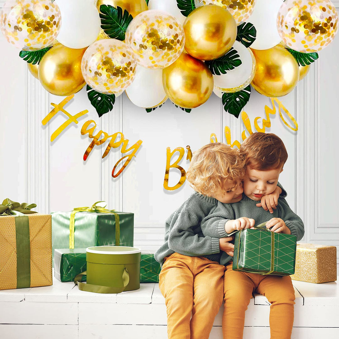 Party Propz Golden Birthday Decoration Items - 36Pcs Happy Birthday Decoration Kit With Golden Balloons & Artificial Leaves | Golden Confetti Balloons for Birthday | Happy Birthday Banner (Cardstock)