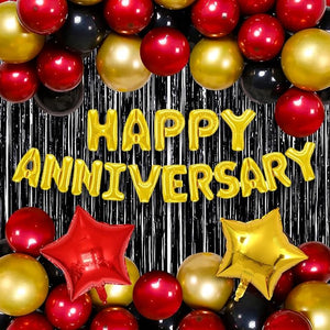 Party Propz Happy Anniversary Decoration Kit Combo with Bunting, Metallic Balloons, Black Foil Curtain, Foil Balloons 47Pcs Combo